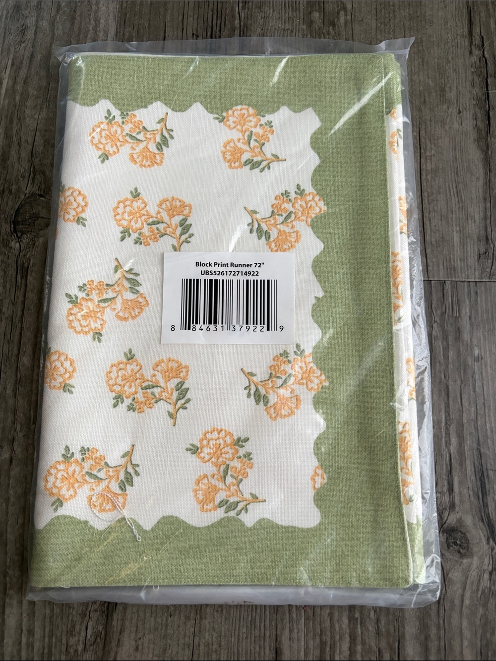 72” Floral Block Print Table Runner in Green and Peach